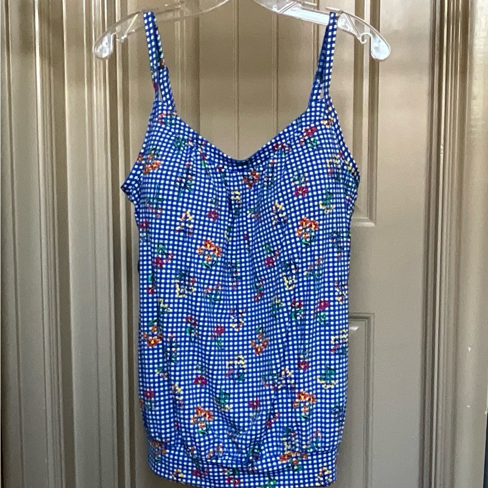 Lands' End Blouson Tankini Swimsuit Top EB Botanical Checks - Picture 3 of 8